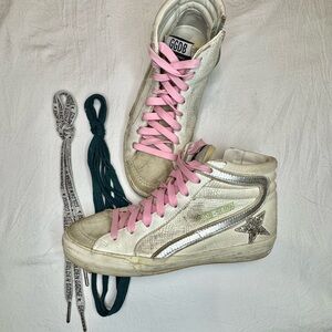 Golden Goose Women's High-Top Sneakers - White and Silver with Pink Laces